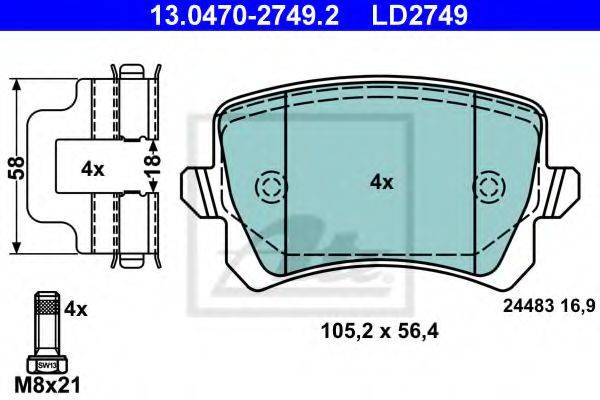 Комплект тормозных колодок, дисковый тормоз ATE 13.0470-2749.2