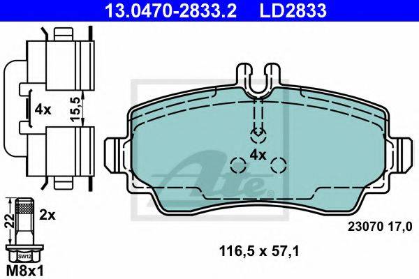 Комплект тормозных колодок, дисковый тормоз ATE 13.0470-2833.2