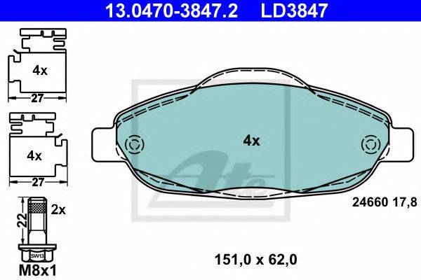 Комплект тормозных колодок, дисковый тормоз ATE 13.0470-3847.2