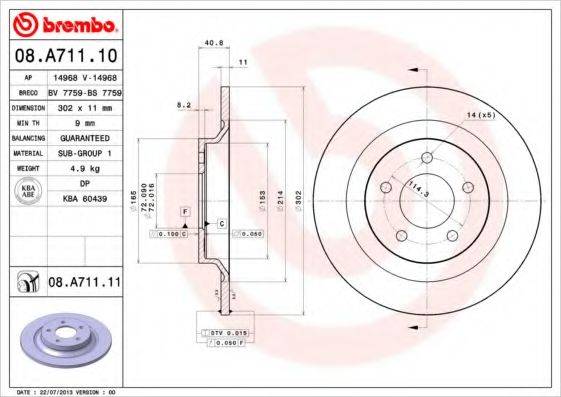 Тормозной диск BREMBO 08.A711.11