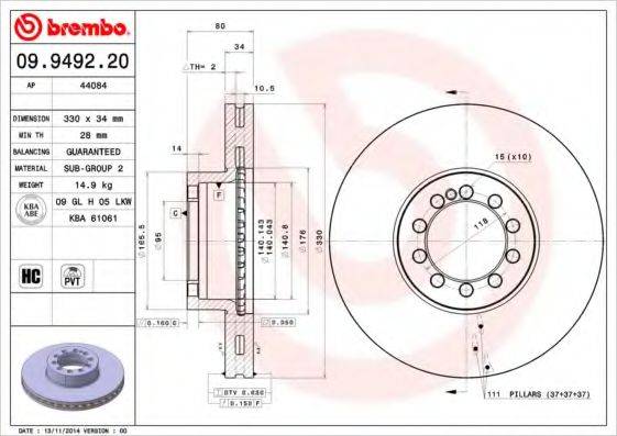 Тормозной диск BREMBO 09.9492.20