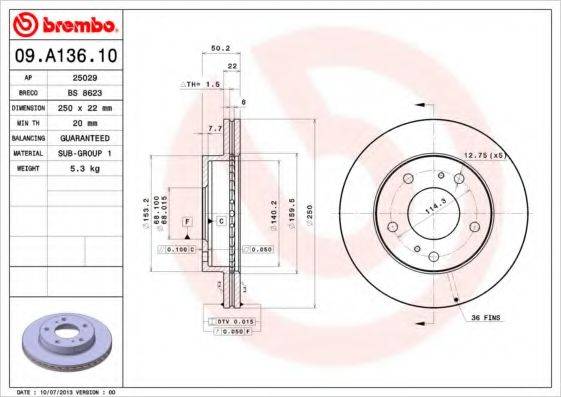 гальмівний диск BREMBO 09.A136.10