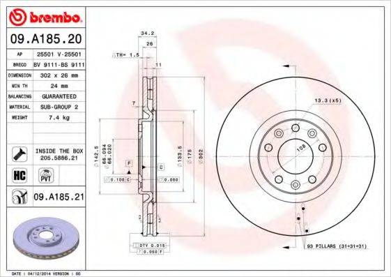 Тормозной диск BREMBO 09.A185.21
