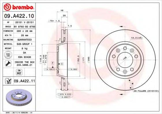 Тормозной диск BREMBO 09.A422.10
